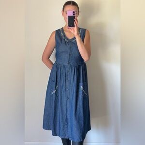 Vintage Denim Embroidered Floral Long Midi Dress Sleeveless Womens Small Medium